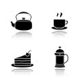Tea and coffee drop shadow black icons set