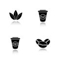 Tea and coffee drop shadow black icons set