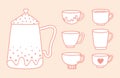 tea and coffee kettle and collection various cups, line style