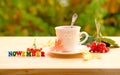 Tea, coffee in a mug on the table in the garden, colored letter words, the concept of outdoor tea drinking, good weather, a cozy Royalty Free Stock Photo