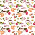 Tea, Coffee Pattern - Flowers, Croissant, Teacup, Macaroon Cakes. Watercolor. Seamless
