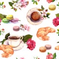 Tea, coffee pattern - flowers, croissant, teacup, macaroon cakes. Watercolor. Seamless Royalty Free Stock Photo