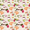 Tea, coffee pattern - flowers, croissant, teacup, macaroon cakes. Watercolor. Seamless Royalty Free Stock Photo