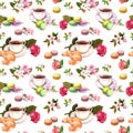 Tea, coffee pattern - flowers, croissant, teacup, macaroon cakes. Watercolor. Seamless