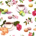 Tea, coffee pattern - flowers, croissant, teacup, macaroon cakes. Watercolor. Seamless Royalty Free Stock Photo