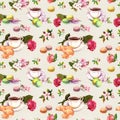 Tea, coffee pattern - flowers, croissant, teacup, macaroon cakes. Watercolor. Seamless Royalty Free Stock Photo