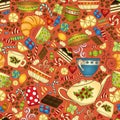 Tea, coffee and sweets seamless pattern. Royalty Free Stock Photo