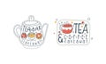 Tea Coffee Takeaway Hand Drawn Labels Set, Tea Bar, Coffeehouse, Cafe, Restaurant Design Templates Outline Vector