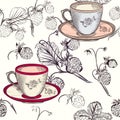 Tea or coffee vector background with cups and strawberry Royalty Free Stock Photo
