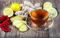 Tea for cold and flu. Lemon, ginger, kiwi fruit, and viburnum for tea for a cold.
