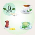 Tea collection illustration. Different styles cups and glass. Mint, black, green and oriental tea.