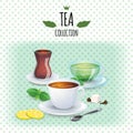 Tea collection illustration. Different styles cups and glass. Mint, black, green and oriental tea.