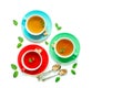 Tea Collection of three different types of tea - mint, hibiscus and herbal tea in cups on white. Royalty Free Stock Photo