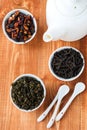 Tea composition. Assortment of dry tea green oolong, black and fruit. Selective focus. Top view