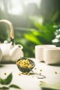 Tea composition on tropical leaves background, close up Royalty Free Stock Photo
