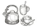 Tea concept sketch. Kitchen utensils vintage vector illustration Royalty Free Stock Photo