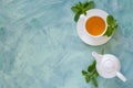 Tea concept. Teapot and cup with green herbal tea decorated mint leaves Royalty Free Stock Photo