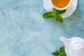 Tea concept. Teapot and cup with green herbal tea decorated mint leaves Royalty Free Stock Photo