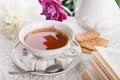 Tea, cookies, the book and peonies Royalty Free Stock Photo