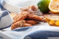 Tea with cookies on sackcloth background close up Royalty Free Stock Photo