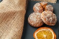 Tea with cookies on sackcloth background close up Royalty Free Stock Photo