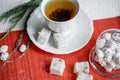 Tea cookies on wooden background. Homemade pastry concept. Composition of tiny gateau with sugar powder for tea time. Star shaped