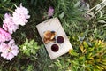 Tea in country style in summer garden in the village. Two cups of black tea and pancakes on wooden tray and blooming peony flowers