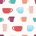 Cartoon coffee or tea mugs seamless pattern, cute colorful cups, editable vector illustration for decoration, card, print, fabric, Royalty Free Stock Photo
