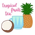Cartoon tea mug with tropical fruits coconut and pineapple, cute colorful cup, editable vector illustration for decoration, card, Royalty Free Stock Photo