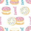 Sweet cartoon donuts seamless pattern on white background, editable vector illustration for decoration, fabric, textile, paper, Royalty Free Stock Photo