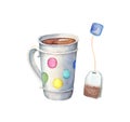Tea cup and bag on white background. Tea time Watercolor illustration. Royalty Free Stock Photo