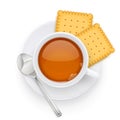 Tea cup and biscuit on plate. Traditional hot drink. Vector illustration.