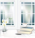 Tea cup on books pile beside the window on the table Royalty Free Stock Photo