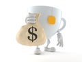 Tea cup character holding money bag Royalty Free Stock Photo