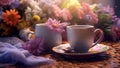 Tea cup and coffee cup with flowers on it, in the style of soft-focused realism. AI Generated