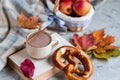 Tea Cup with Coffee Hot Chocolate Autumn Time Bakery Pretzel Toned Photo Knitting Scarf Blanket