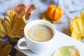 Tea Cup with Coffee Hot Chocolate Autumn Time Bakery Pretzel Toned Photo Knitting Scarf Blanket Yellow Leaves