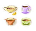 Cups, tea mugs and soup bowls different shape drink food vector icons