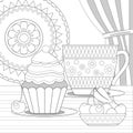 Tea cup, cupcake, cherries, ornament plate for coloring book page.