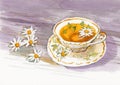 Tea cup with daises flower watercolor painting Royalty Free Stock Photo