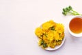 Tea cup with dandelion, top view. Alternative medicine concept. Royalty Free Stock Photo