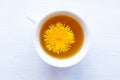 Tea cup with dandelion, top view. Royalty Free Stock Photo