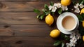 tea cup filled with aromatic, herbal tea adorned with fresh lemons and leaves, creating a citrusy and rejuvenating experience. Royalty Free Stock Photo