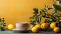 tea cup filled with aromatic, herbal tea adorned with fresh lemons and leaves, creating a citrusy and rejuvenating experience. Royalty Free Stock Photo