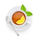 Tea cup and green leaf on plate. Traditional hot drink. Vector illustration.