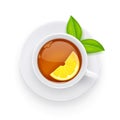 Tea cup and green leaf on plate. Traditional hot drink. Vector illustration.