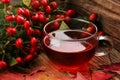 Tea. cup of herbal Dog rose tea with bunch branch Rosehips, type