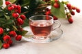 Tea. cup of herbal Dog rose tea with bunch branch Rosehips, type