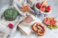 Tea Cup Hot Chocolate Coffee Autumn Time Bakery Pretzel Toned Photo Knitting Scarf Blanket