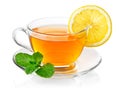 Tea in cup with leaf mint and lemon